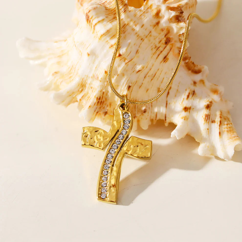 Zirconia Embedded Hammered Finish Cross Pendant on a Mini Snake Skin Textured Chain Arcassa Necklace