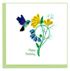 Birthday Hummingbird card that features a hummingbird and a flower in green, yellow and blue and reads Happy Birthday.