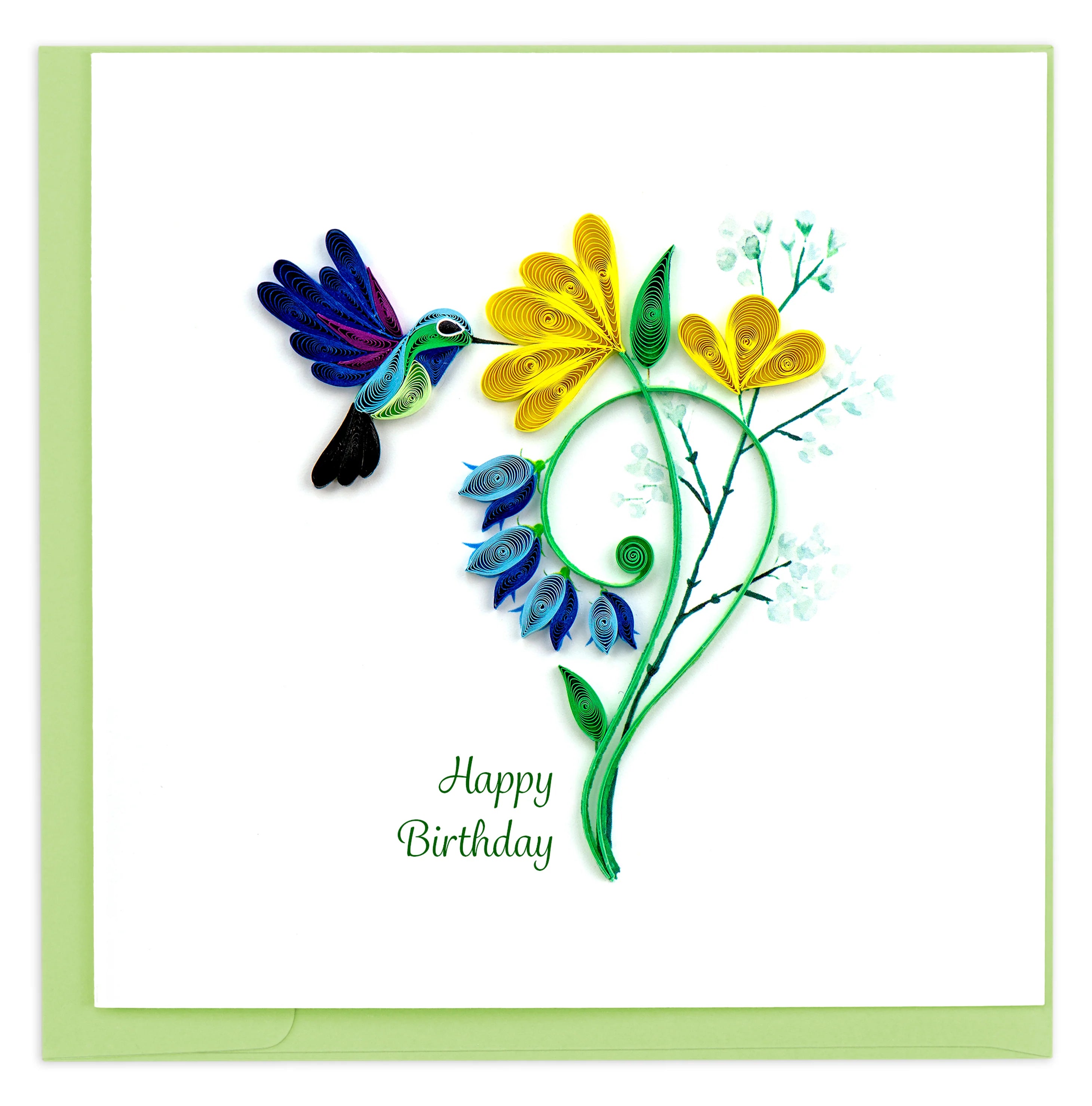 Birthday Hummingbird card that features a hummingbird and a flower in green, yellow and blue and reads Happy Birthday.