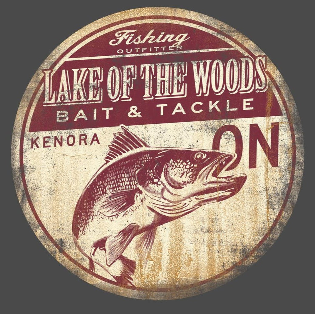 Front crest design on black shirt. Fishing Outfitters, Bait and Tackle, Lake of the Woods Ontario.  A walleye fish.