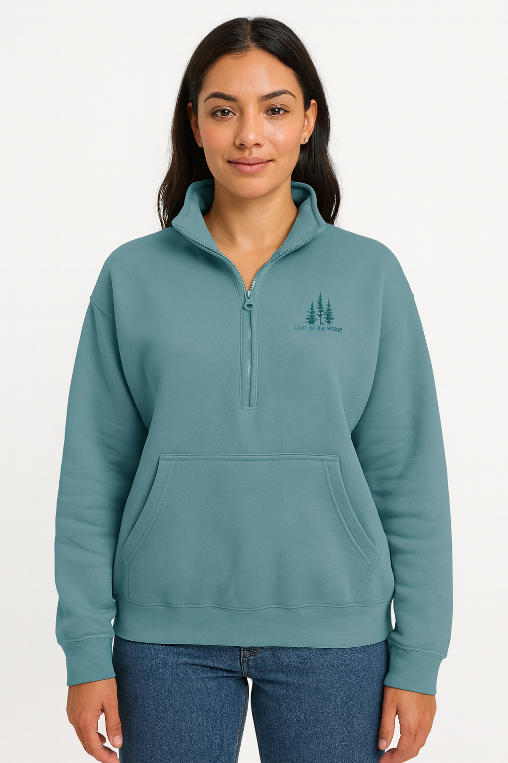 Woman wearing a teal quarter-zip sweatshirt with “Lake of the Woods” logo on the left chest, standing against a plain white background.