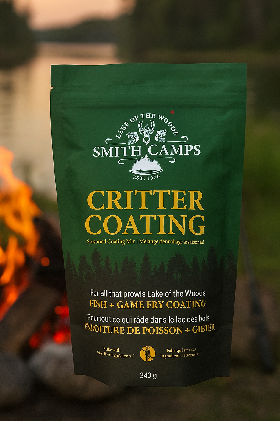 package of fish fry coating on a campfire background