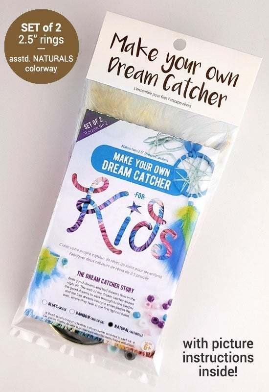 DYI Dream Catcher Kit for Kids in assorted natural colorways. Each kit makes two 2.5" dream catchers. Comes with an easy to follow picture instructions.