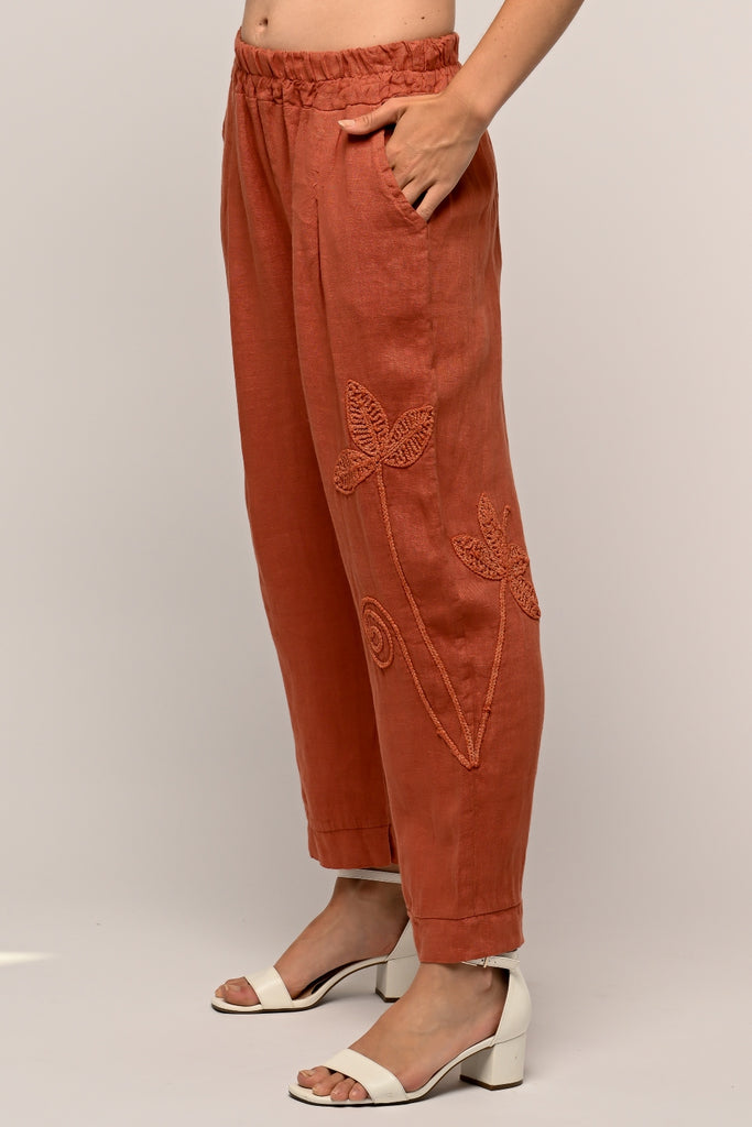 100% French Linen Antico Color Embroidered Pant 