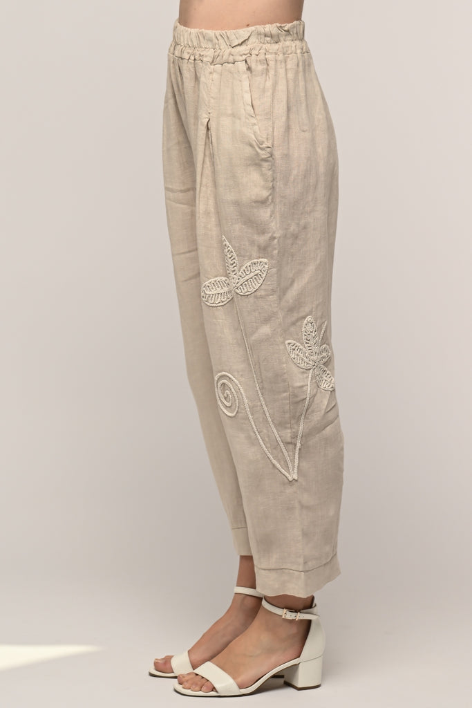 100% French Linen Sabbia Color Embroidered Pant 