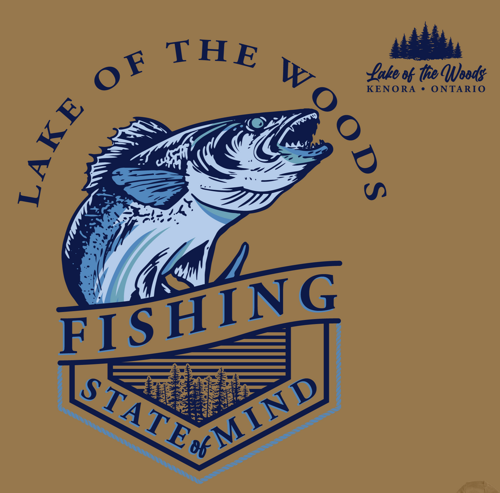 Walleye fish crest design. With text Fishing State of Mind and Lake of the Woods.  Front Left chest design with a treeline and Kenora Ontario