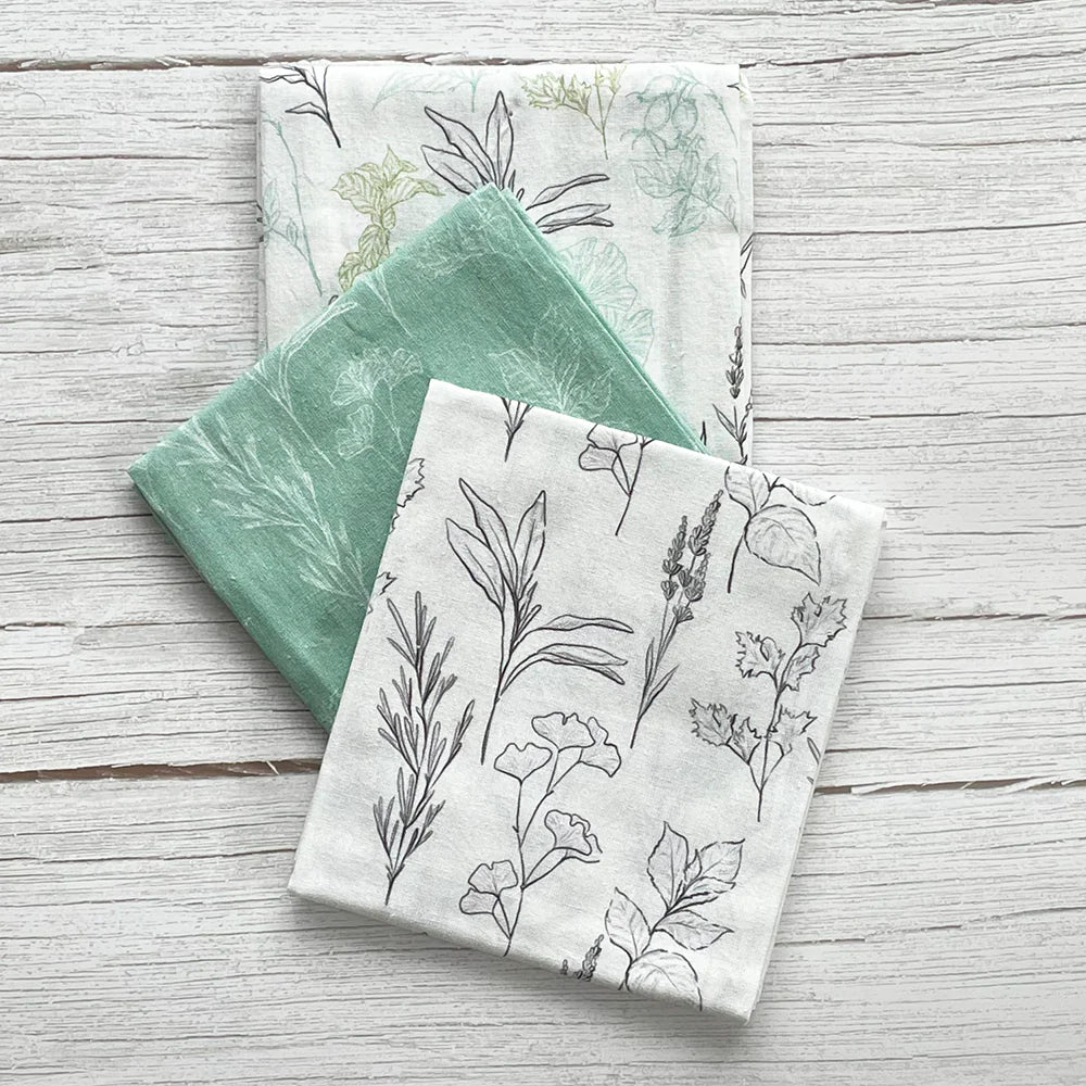 Sage Kitchen towels set of three with Herb Print 