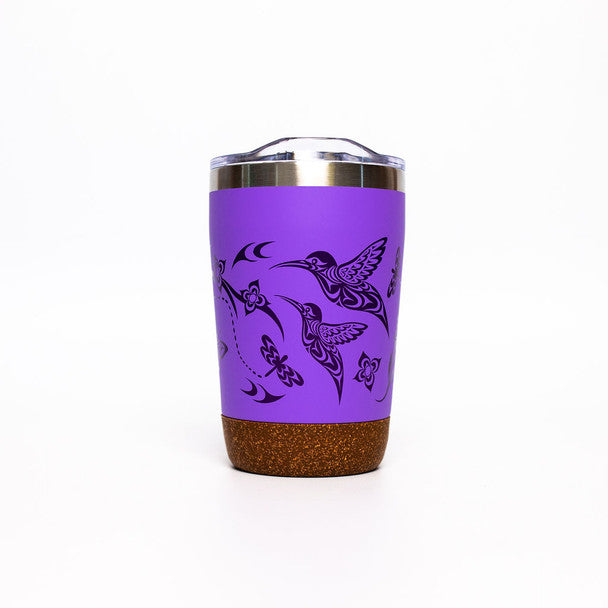 12 oz travel mug with high-quality food grade 304 stainless steel interior, a double wall with BPA-free push-on lid, and a cork base that prevents scratching (purple hummingbird design)