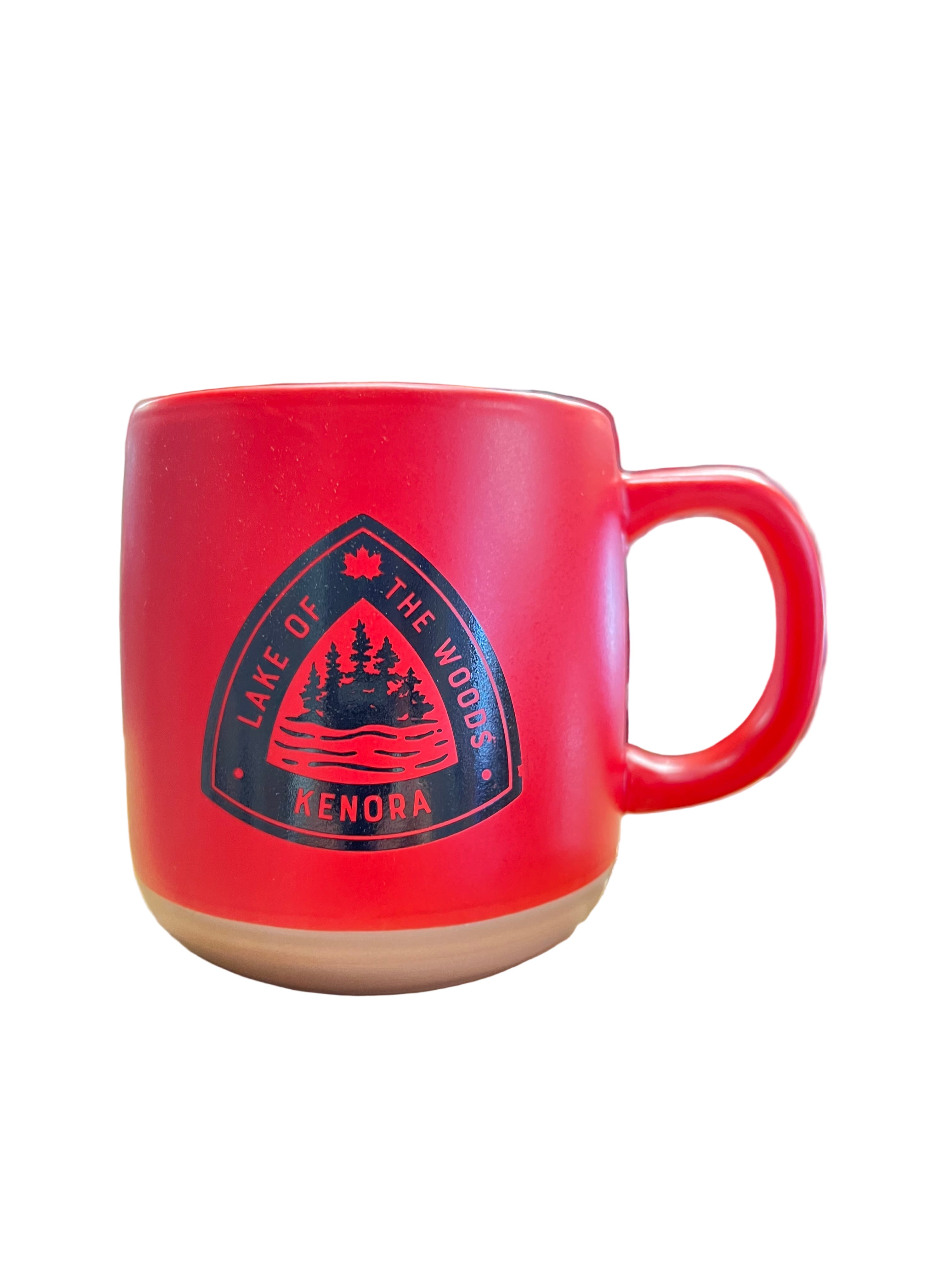 Red mug with a black Lake of the Woods souvenir logo on a white background