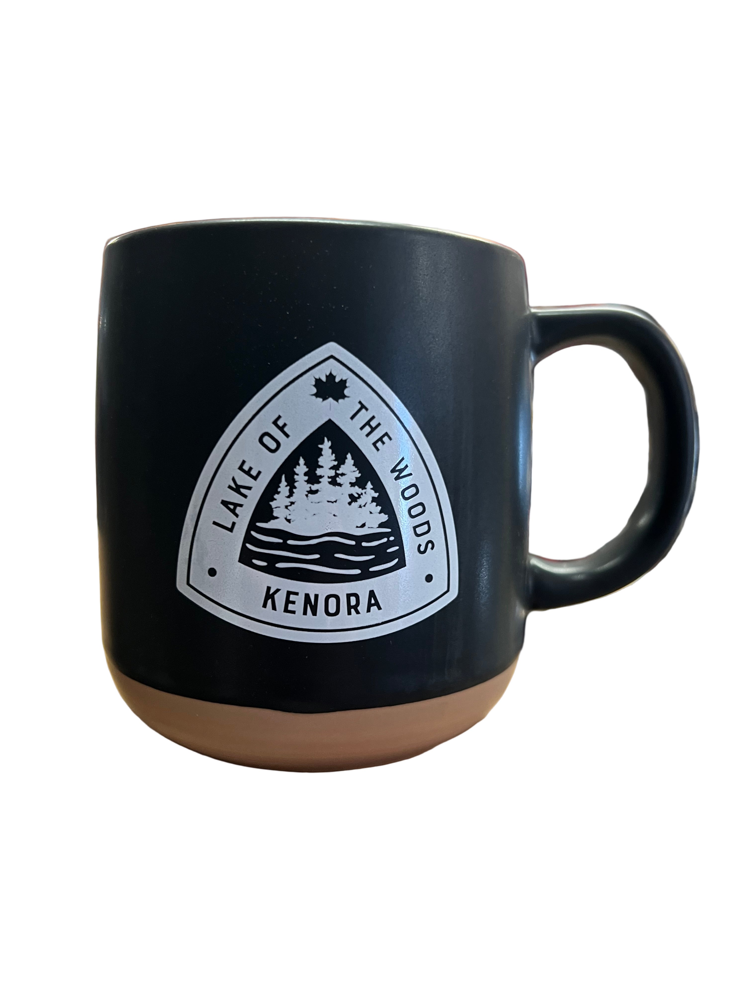 Black mug with a black Lake of the Woods souvenir logo on a white background