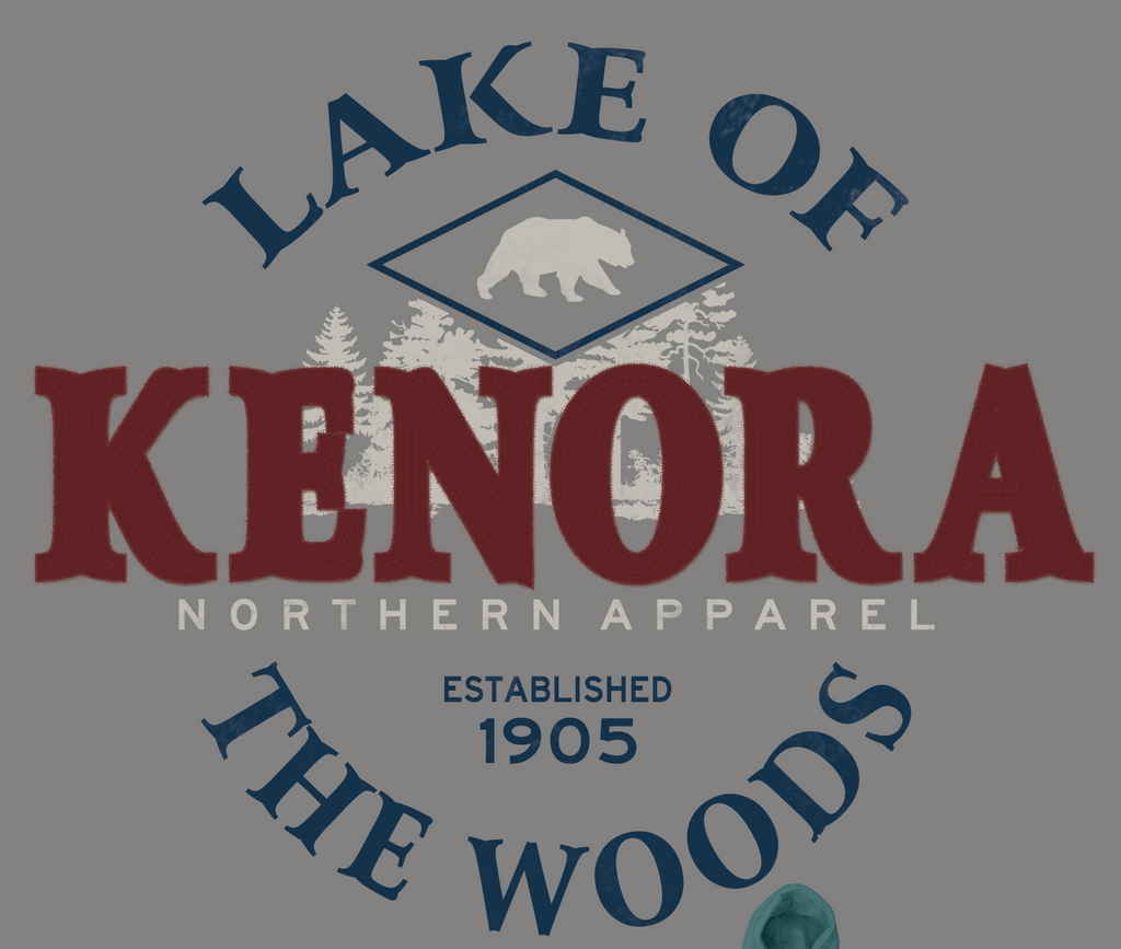 Red Kenora applique on a print of a bear and forest scene with Lake of the Woods surrounding the design.  Classic look Kenora Souvenir Crew neck sweatshirt