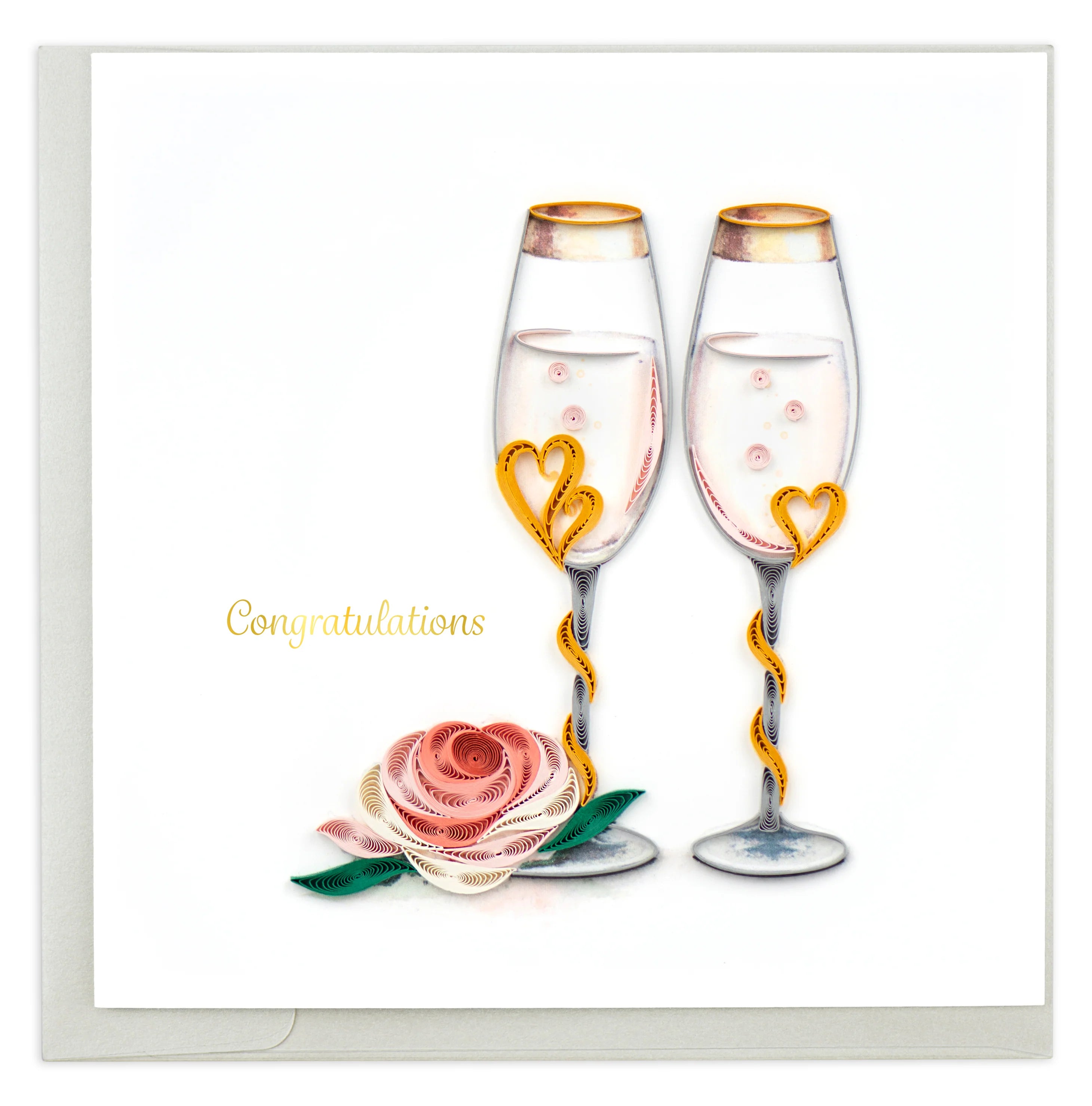 This card depicts two wedding flutes with gold rims and vines wrapping up the stems to create gold hearts on the glasses with large pink rose beneath a gold foiled 'Congratulations'.