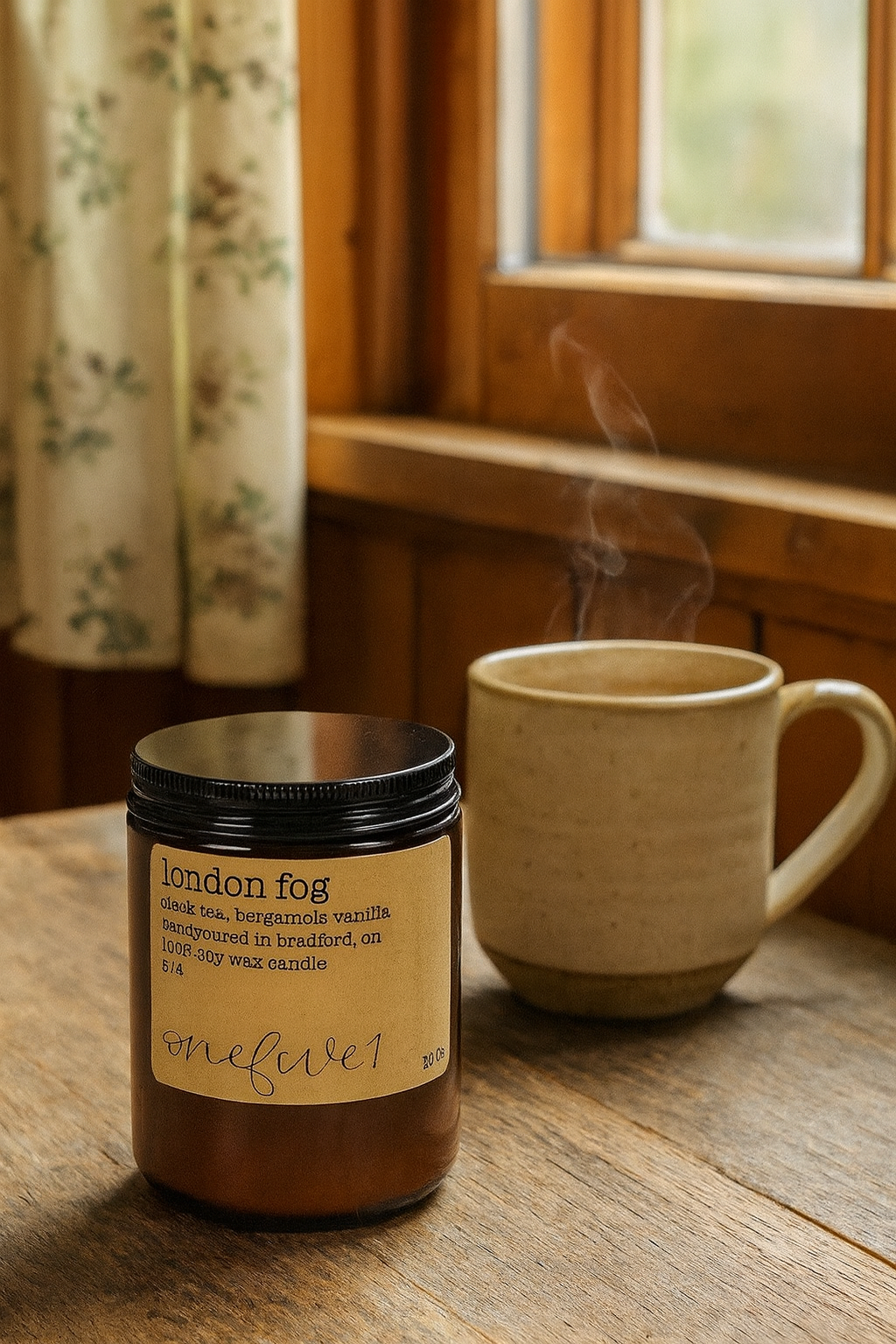 Candle and mug sitting on a table.