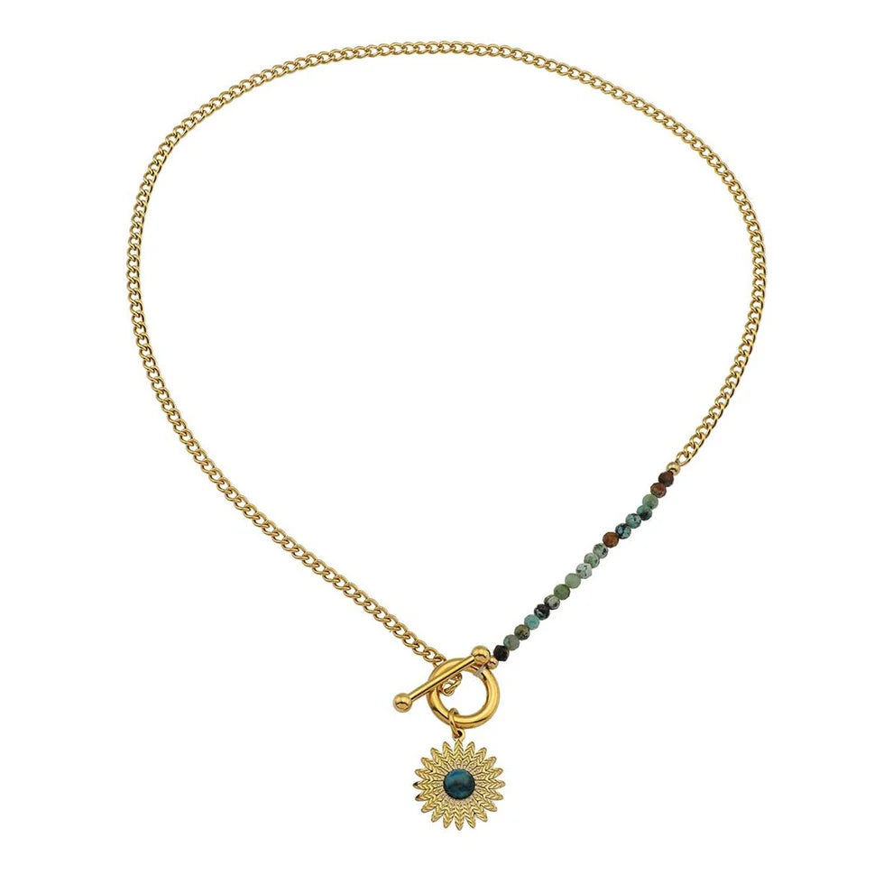 McKENZIE Gold and Green Stone Sun Necklace with Toggle Clasp 