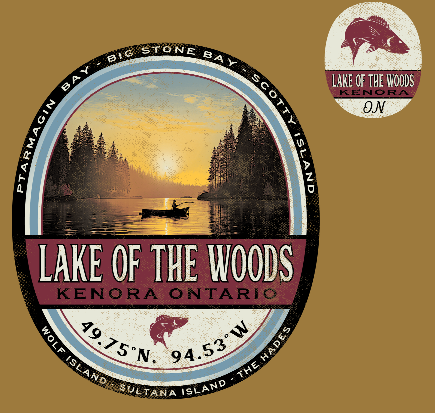 A fisherman on Lake of the Woods with islands of pine trees surrounding.  Design is circled by names of some of the famous islands and bays of Lake of the Woods Ontario