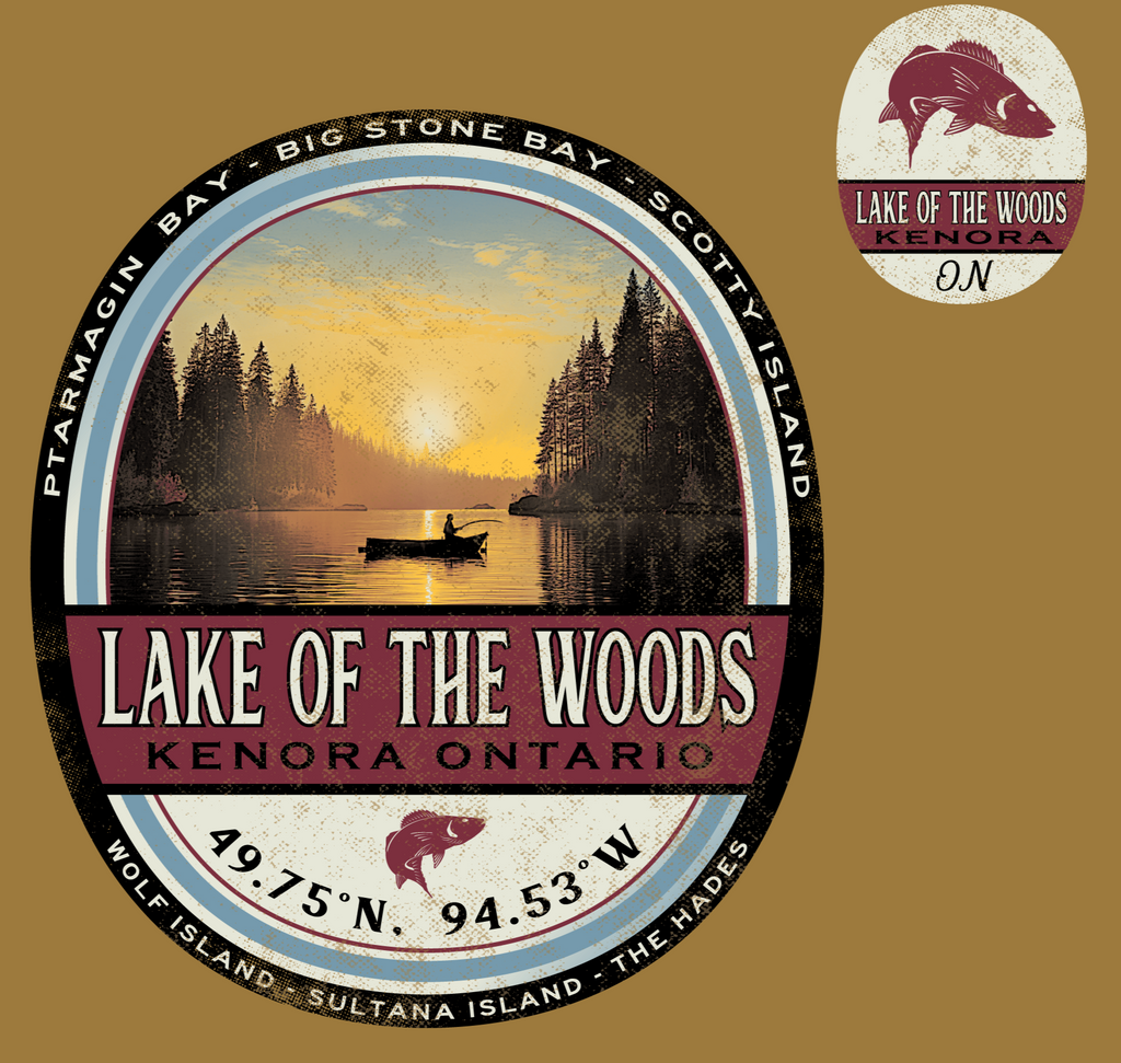 A fisherman on Lake of the Woods with islands of pine trees surrounding.  Design is circled by names of some of the famous islands and bays of Lake of the Woods Ontario