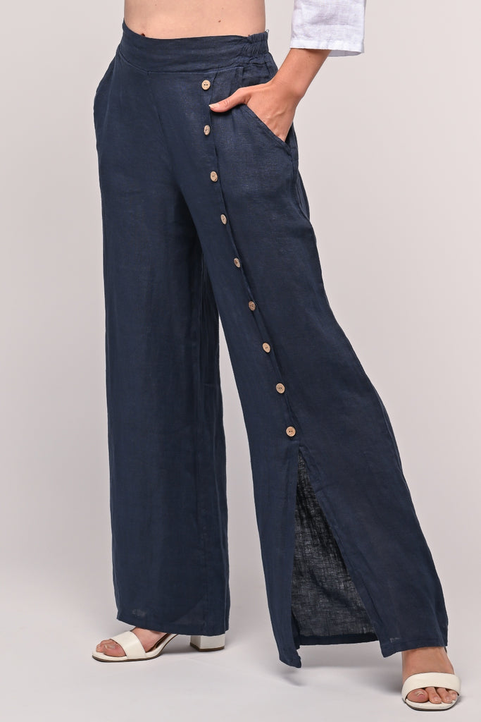 100% Premium French Linen Navy Blue Color Light And Airy Pull-on Buttoned Pant