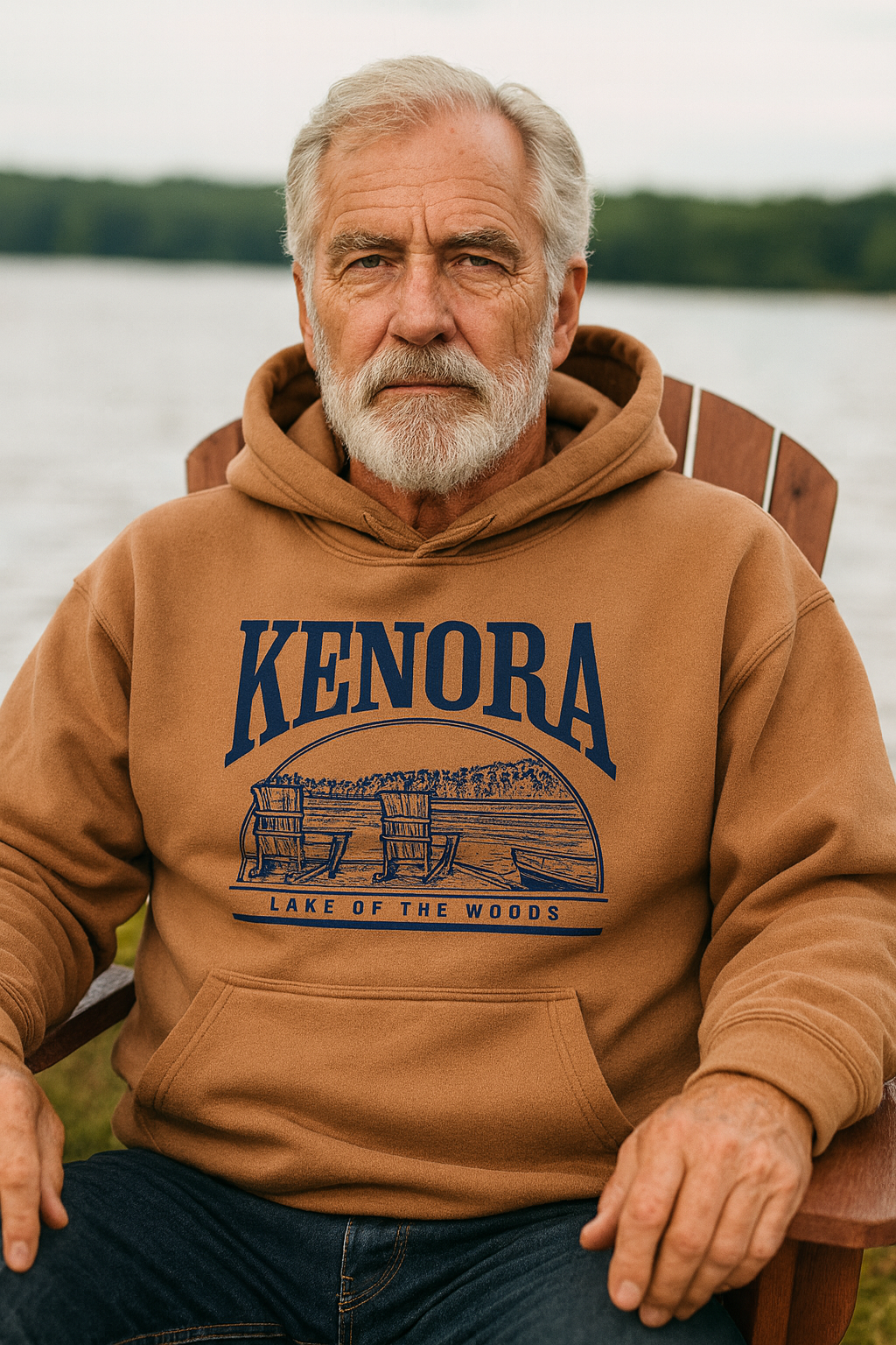 Older man with a white beard wearing a camel-colored Kenora Lake of the Woods hoodie, sitting in an Adirondack chair by the lake. The hoodie features a vintage navy print of two chairs overlooking the water, representing a classic Canadian cottage scene. Perfect for Kenora souvenirs, Lake of the Woods apparel, and Canadian lake-life clothing