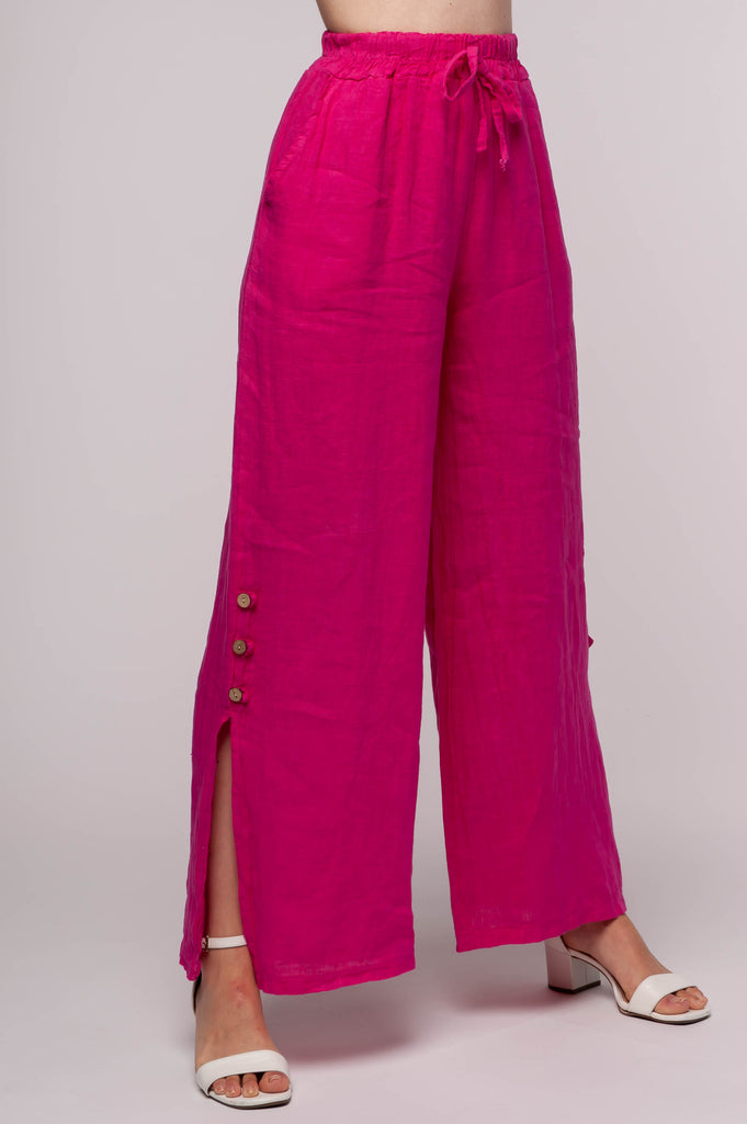 Ladies linen clothing for spring and summer featuring a wide leg pant with buttons up side