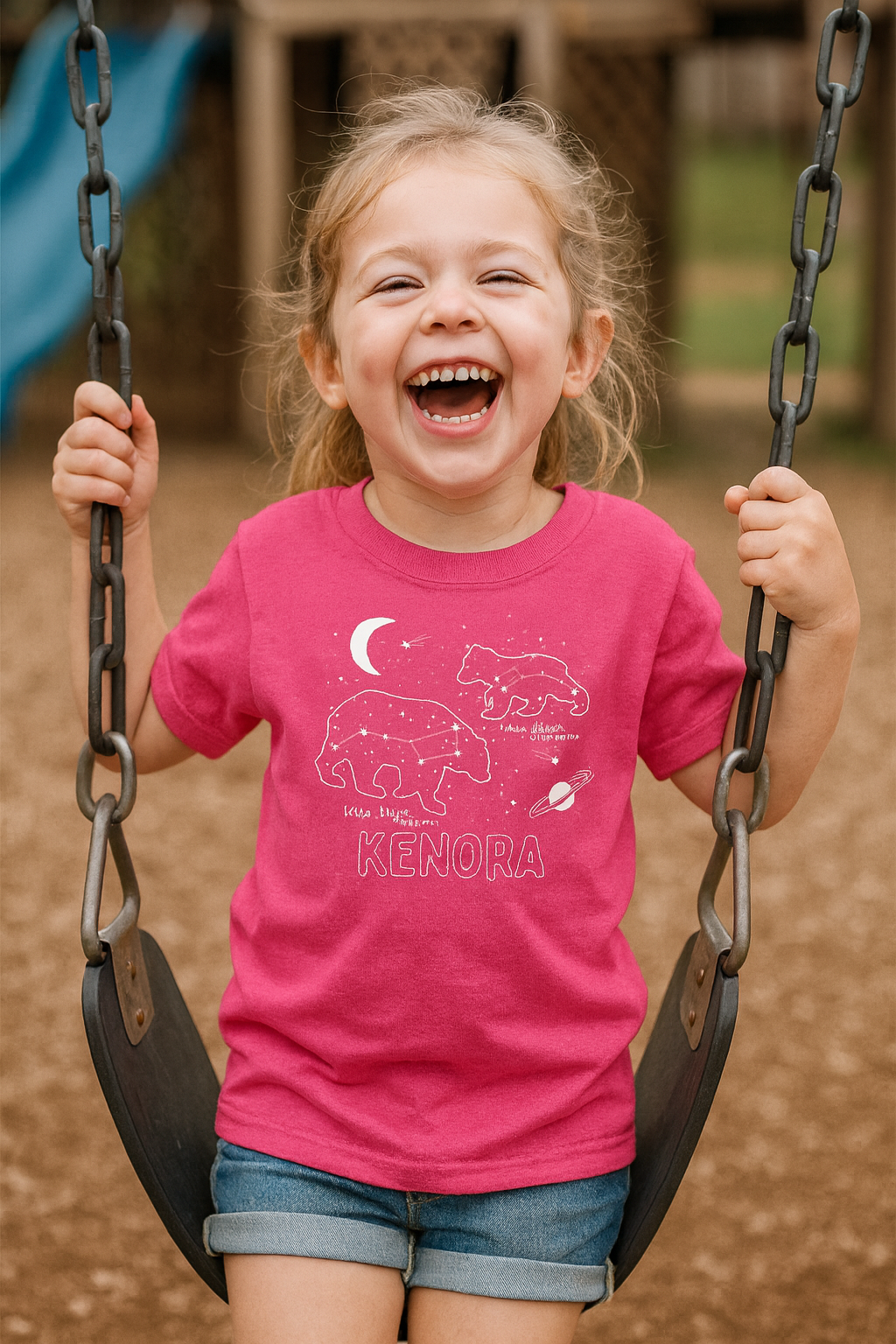 A smiling 4-year-old girl with light brown hair tied back is laughing joyfully while sitting on a swingset at a playground. She’s wearing a bright pink Kenora souvenir t-shirt featuring white constellation designs of bears, a moon, and stars, perfectly visible on the front. The background shows a soft blur of playground equipment and green grass, capturing a cheerful summer day.