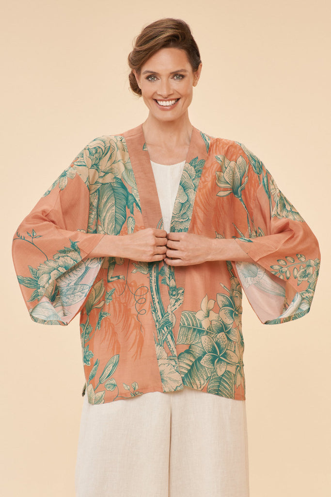 Powder kimono jacket summer women's clothing orange green jungle floral design