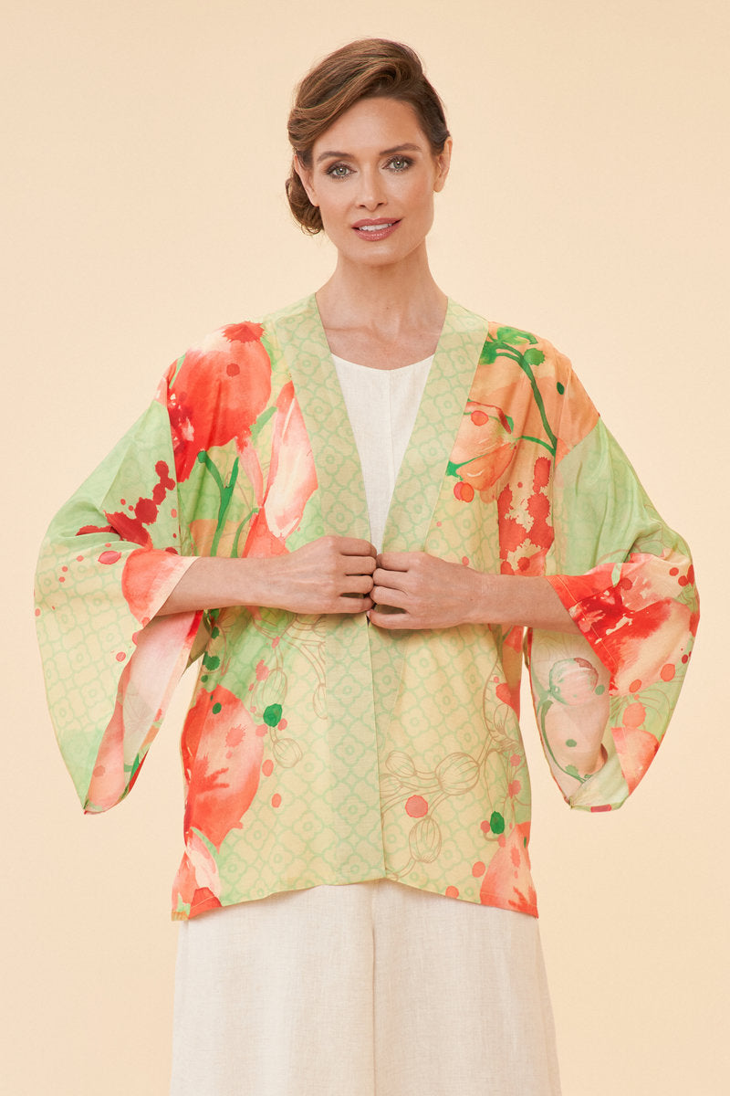 Powder kimono jacket women's clothing summer green pink orchids