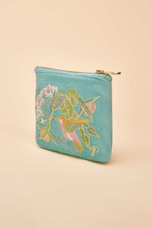 Powder mini pouch aqua blue hummingbird design flowers