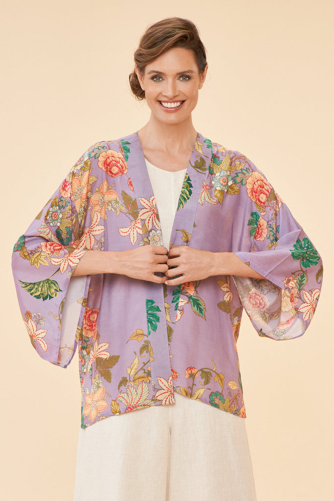 Powder women's clothing kimono jacket summer prancing tiger design lilac