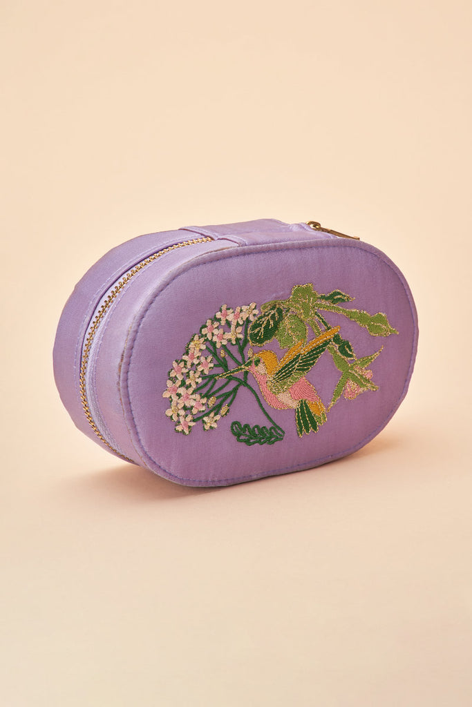 Powder jewelry box purple hummingbird embroidered design