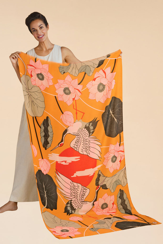 Powder printed scarf crane at sunrise summer yellow florals women's accessories