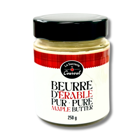 Indulge in the delicious, authentic taste of Canada with our small-batch, family-made Pure Maple Butter from La Sucrerie De Courval. Sourced from the finest maple trees, our 125g jar is the perfect souvenir and a must-have for any maple butter lover. Experience the rich flavor and quality of Canadian-made maple butter.  Glass jar 125g