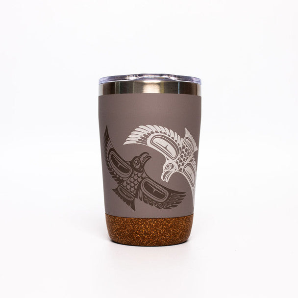 12 oz travel mug with high-quality food grade 304 stainless steel interior, a double wall with BPA-free push-on lid, and a cork base that prevents scratching (light brown raven design)