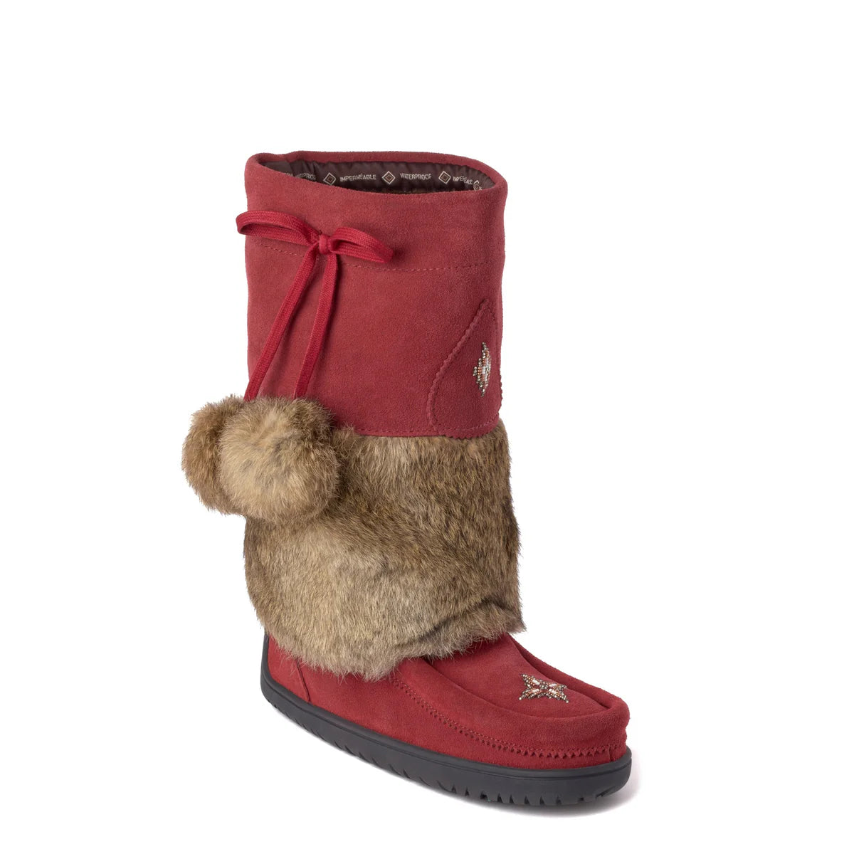 Red mukluk boot with fur cuff on a white background