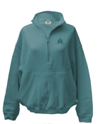 Teal women’s quarter-zip sweatshirt with kangaroo pocket and “Lake of the Woods” tree logo on the left chest, displayed on a white background.