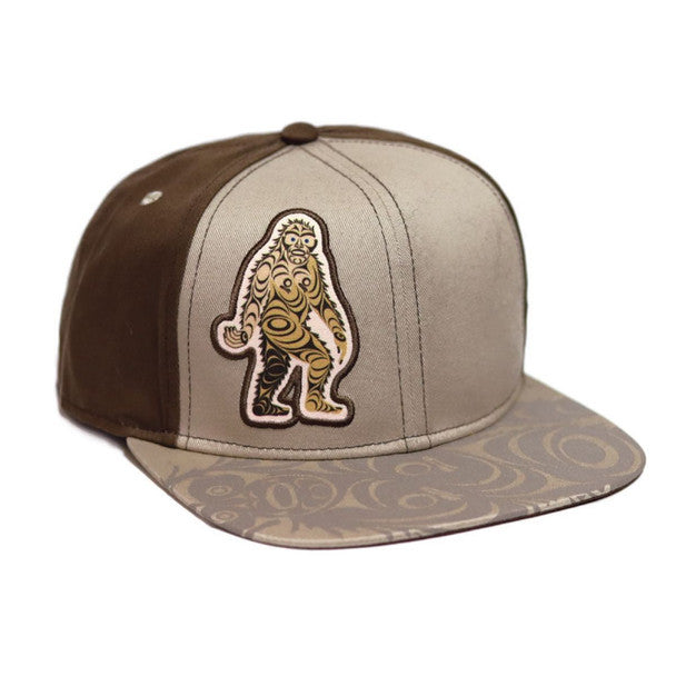 Streetwear style snapback hat featuring Indigenous artwork, 100% cotton twill (sasquatch design)