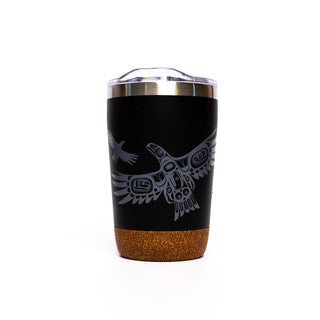 12 oz travel mug with high-quality food grade 304 stainless steel interior, a double wall with BPA-free push-on lid, and a cork base that prevents scratching (black soaring eagle design)