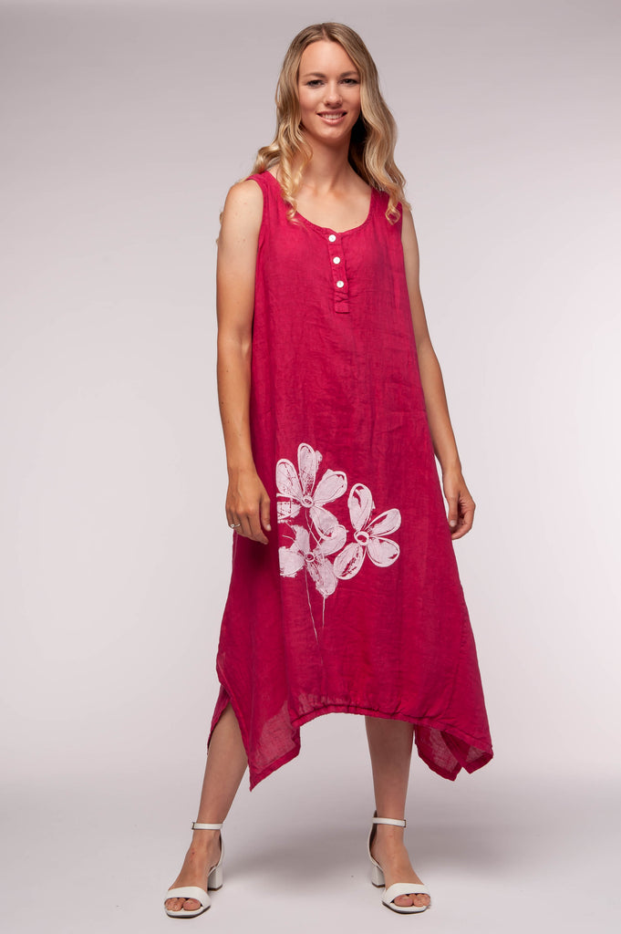  Ladies linen clothing for spring and summer featuring a tank dress with large flower print on bottom corner