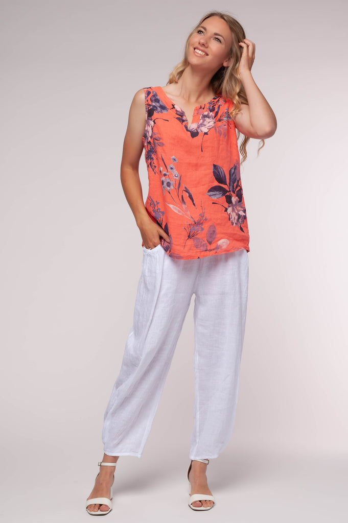 Ladies linen clothing for spring and summer featuring a floral tank top shirt