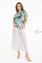 100% Linen Floral Blouse Short-Sleeve