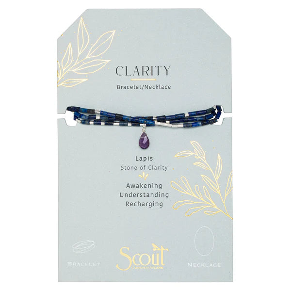 Cylindrical semi-precious stone beads and glittering metallic tubes are finished effortlessly with a faceted teardrop. Perfect for stacking and layering. Wear as a necklace or wrap as a bracelet.