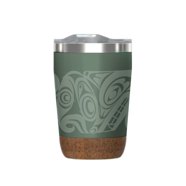 12 oz travel mug with high-quality food grade 304 stainless steel interior, a double wall with BPA-free push-on lid, and a cork base that prevents scratching (green urban wolf design)