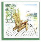 perfect card for nostalgic note for friend with handcrated a wooden adirondack chair sitting on a dock looking out at the lake with ducks flying in the distance.