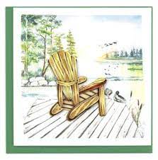 perfect card for nostalgic note for friend with handcrated a wooden adirondack chair sitting on a dock looking out at the lake with ducks flying in the distance.