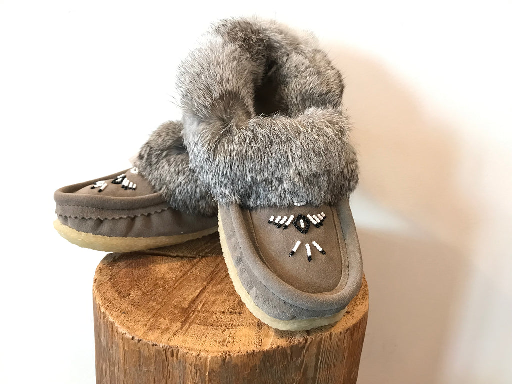 fleece lined grey beaded rabbit fur moccasins with sole