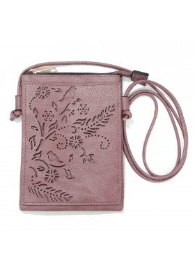 Plum Color flowers and Birds Design Crossbody Cellphone Bag With an Adjustable Strap 