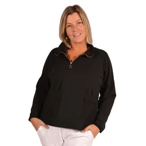 100% cotton Black Color Half Zip Top with Pocket