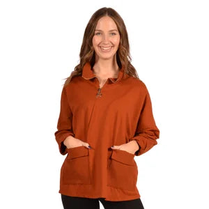 100% cotton Brown Color Half Zip Top with Pocket