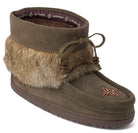 Dark Olive Green suede boot with fur trim on a white background