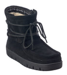 Black winter boot with lace-up design on a white background