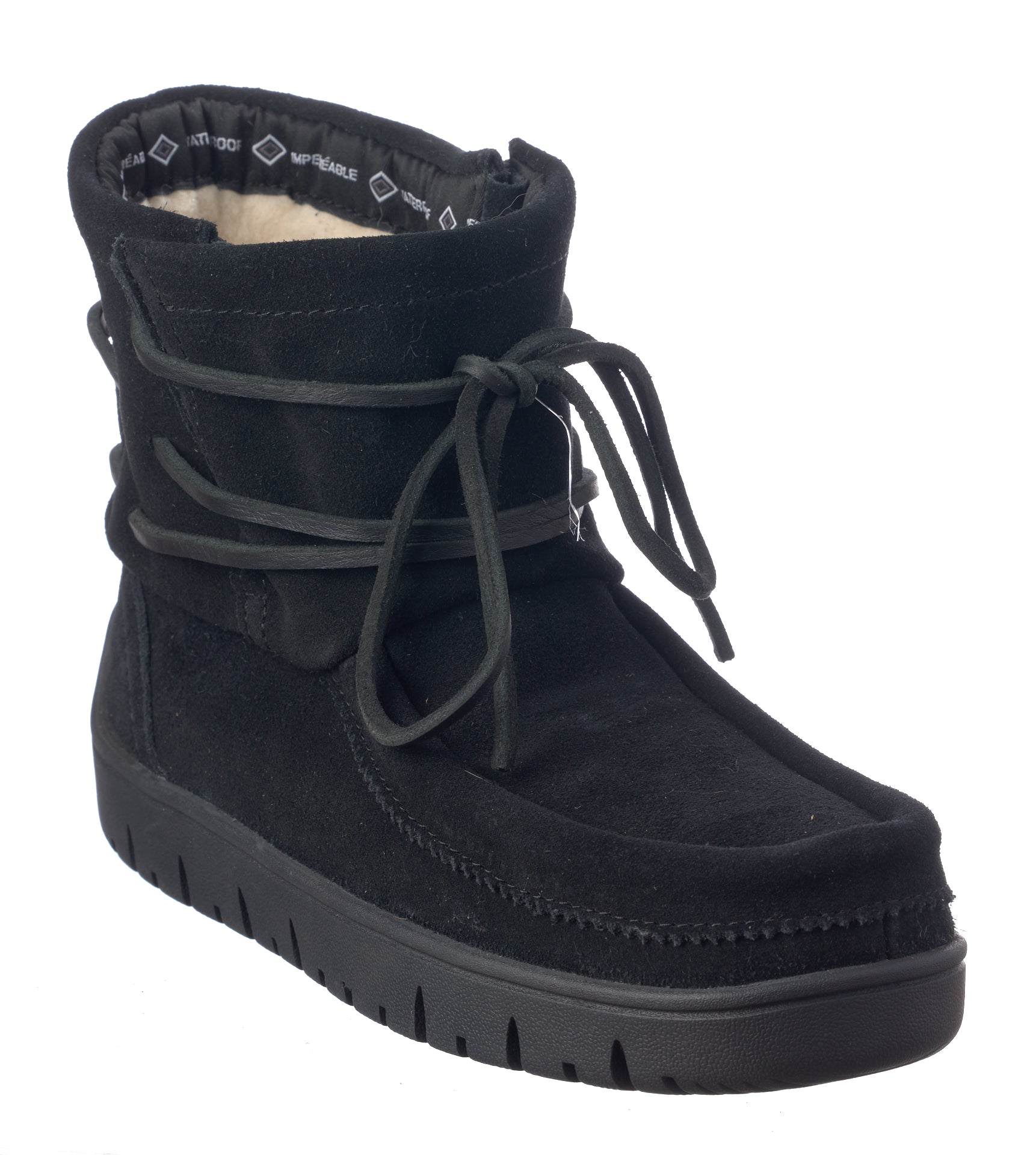 Black winter boot with lace-up design on a white background